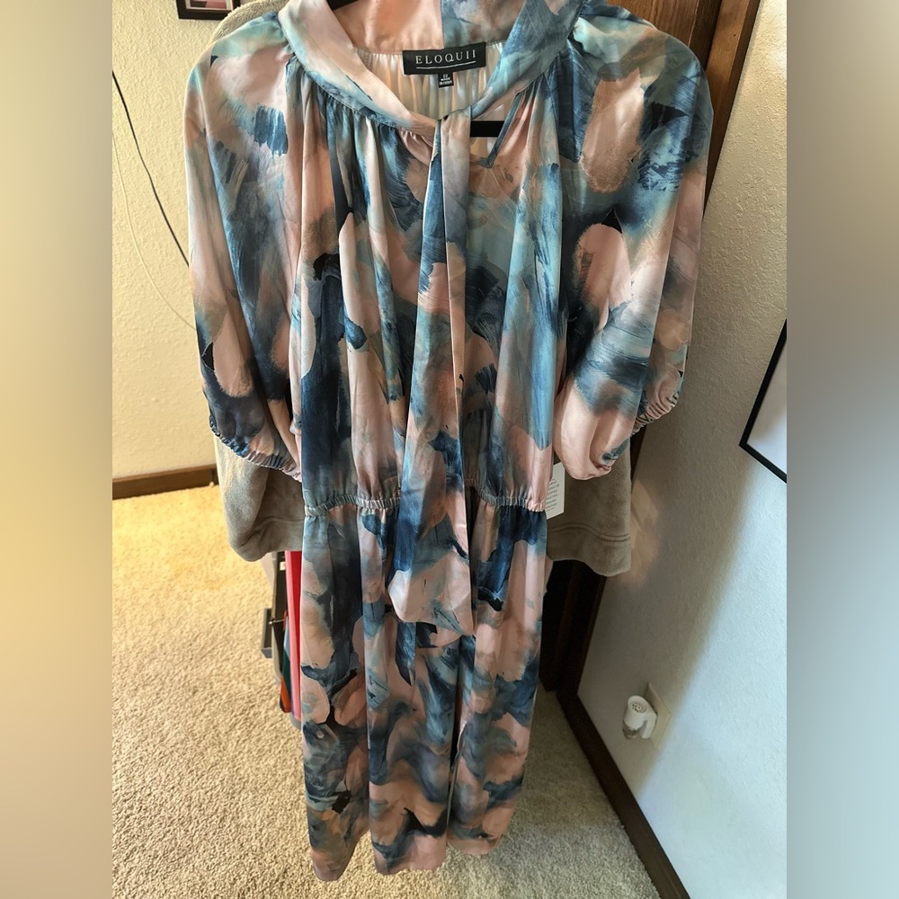 Eloquii  satin tie neck midi watercolor dress